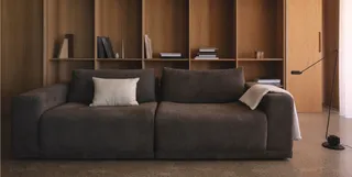 Dark upholstered sofa against built-in wooden shelving.