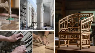 Collage showing production equipment, workshop assembly and a finished woven rattan chair