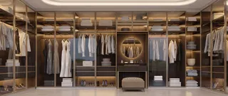 Large fitted walk-in wardrobe with glass-fronted storage