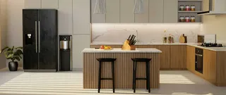 Modern wood kitchen with island, cabinetry and integrated appliances