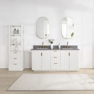 White fluted bathroom vanity with twin mirrors and matching shelving