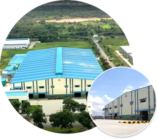 Aerial view and exterior view of a large industrial factory complex