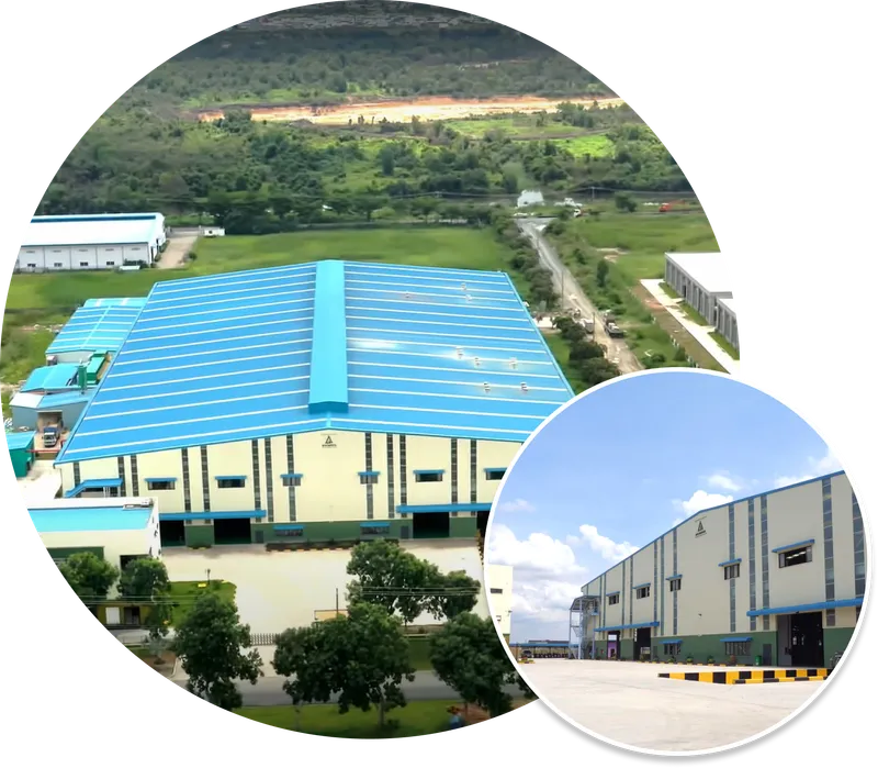 Aerial view and exterior view of a large industrial factory complex