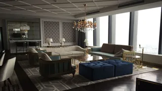 Luxury furnished interior with sofas, lounge chairs, tables and lighting.