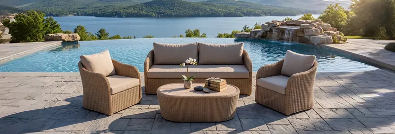 Wicker sofa, two armchairs and round coffee table beside a pool