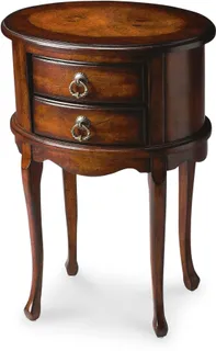 Dark wooden oval side table with two drawers