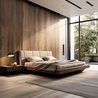 Modern wooden platform bed with matching bedside table