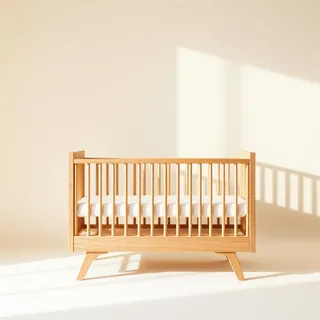 Light wood baby crib with white mattress against a sunlit background.