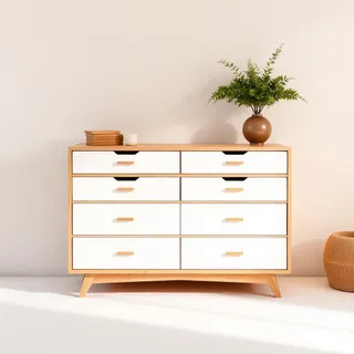 Wooden eight-drawer dresser with white fronts and tapered legs.
