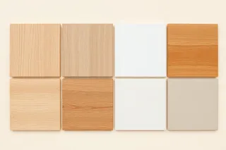 Eight square wood and finish samples arranged in two rows.