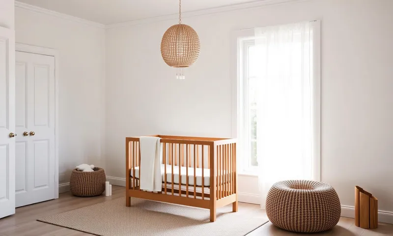 Wooden baby crib with rattan pendant, pouf and basket in a bright room.