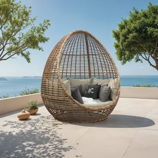 Large woven egg-shaped outdoor lounge chair with cushions