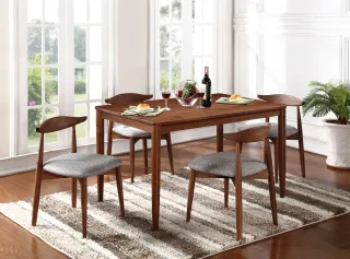 Dark wood dining table with four upholstered dining chairs
