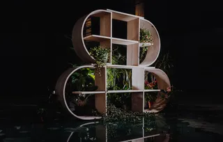 Circular wooden shelving unit with plants and square compartments