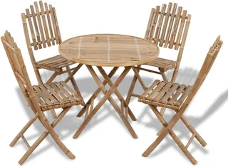 Bamboo folding table surrounded by four matching folding chairs.