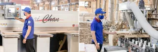 Workers operating woodworking machinery inside a furniture production facility