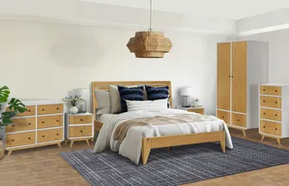 Wooden bedroom set with bed, dressers, bedside table and wardrobe