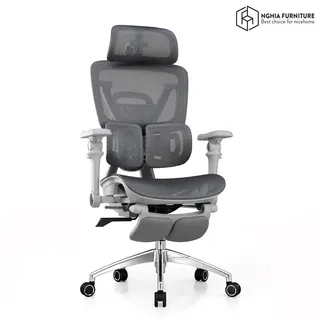 Grey mesh ergonomic office chair on a white background