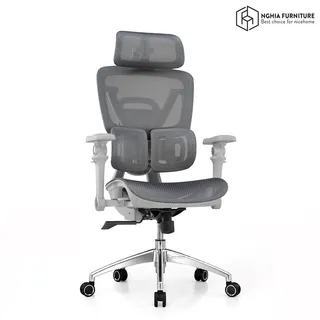 Grey mesh ergonomic office chair with headrest on a white background