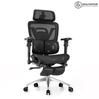 Black mesh ergonomic office chair with headrest on a white background