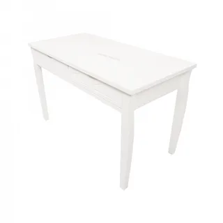 Three-quarter view of a white children's table with two drawers