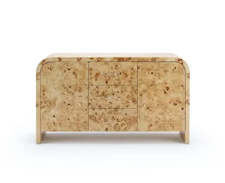 Wooden sideboard with rounded corners and patterned veneer doors