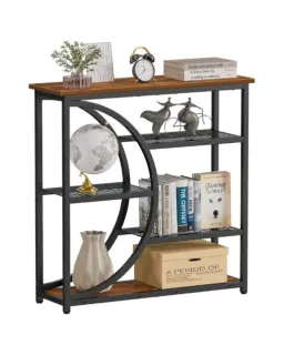 Black metal shelving unit with wood-look shelves and curved supports