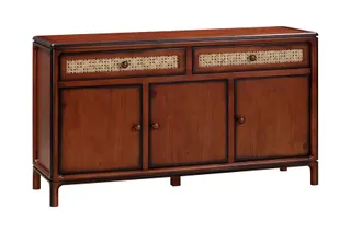 Wooden sideboard with two woven cane drawers and three doors