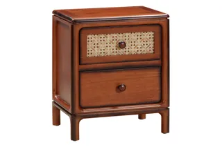 Wooden bedside cabinet with two drawers and dark handles