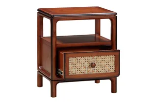 Wooden bedside cabinet with an open woven-cane drawer