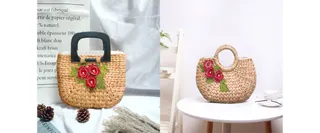 Two woven handbags decorated with colorful artificial flowers
