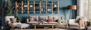 Staged living room with wooden shelving, sofa, armchairs and coffee tables