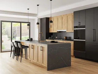 Modern kitchen with wood and dark cabinets, stone island and bar stools