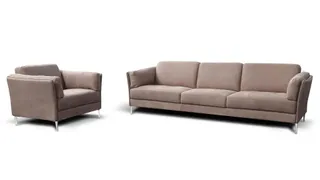 Taupe armchair and three-seat sofa on a white background