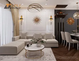 Bright living room with beige sofa and nested round coffee tables