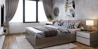 Bedroom interior with upholstered bed, bedside tables and bedding