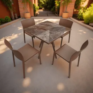 Brown square dining table and four chairs in an outdoor setting