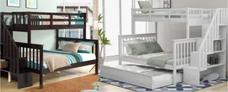 Black and white wooden bunk beds displayed in bedroom interiors.