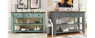Blue-green and gray wooden console tables in a furnished room.
