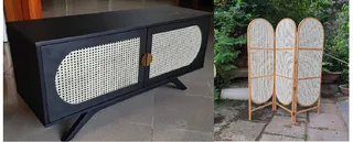 Black cane-front sideboard and woven folding room divider.