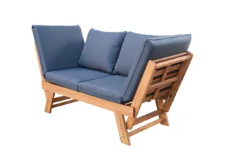 Wooden loveseat with blue cushions