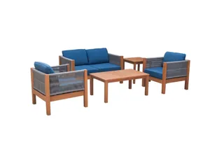 Outdoor seating set with blue cushions and woven side panels