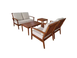 Wooden outdoor seating set with sofas, chairs and coffee tables