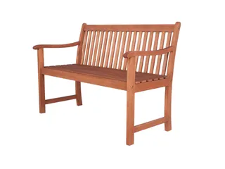 Wooden slatted bench with curved armrests