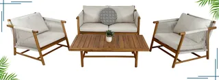 Outdoor wooden lounge set with two armchairs, sofa and coffee table