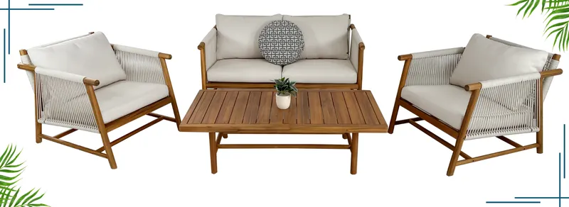 Outdoor wooden lounge set with two armchairs, sofa and coffee table