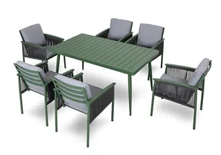 Green outdoor dining table with six woven-panel armchairs