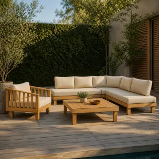 Outdoor wooden sectional sofa, armchair and coffee table on a timber deck