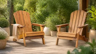 Two wooden Adirondack chairs on a garden deck