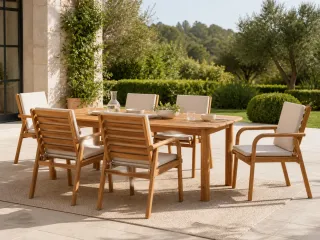 Outdoor wooden dining table and six cushioned dining chairs